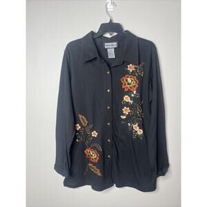 Indigo Moon Women L Black Embellished Floral Button Top Blouse Shirt